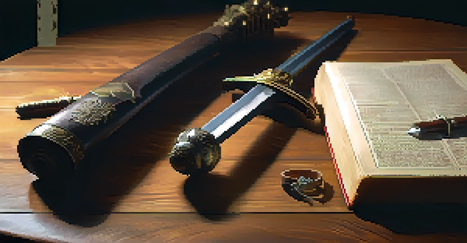 Close-up of a polished longsword and a leather-bound book of medieval combat techniques on a wooden table.