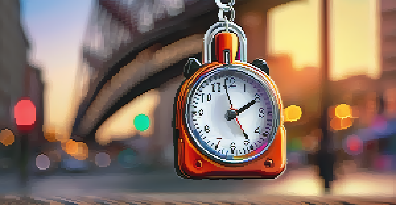 A personal alarm keychain attached to a backpack with a city street in the background during sunset.