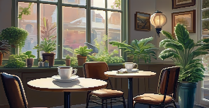 A cozy café corner with a small round table, two comfortable chairs, indoor plants, warm lighting, a steaming cup of coffee, and an open book.