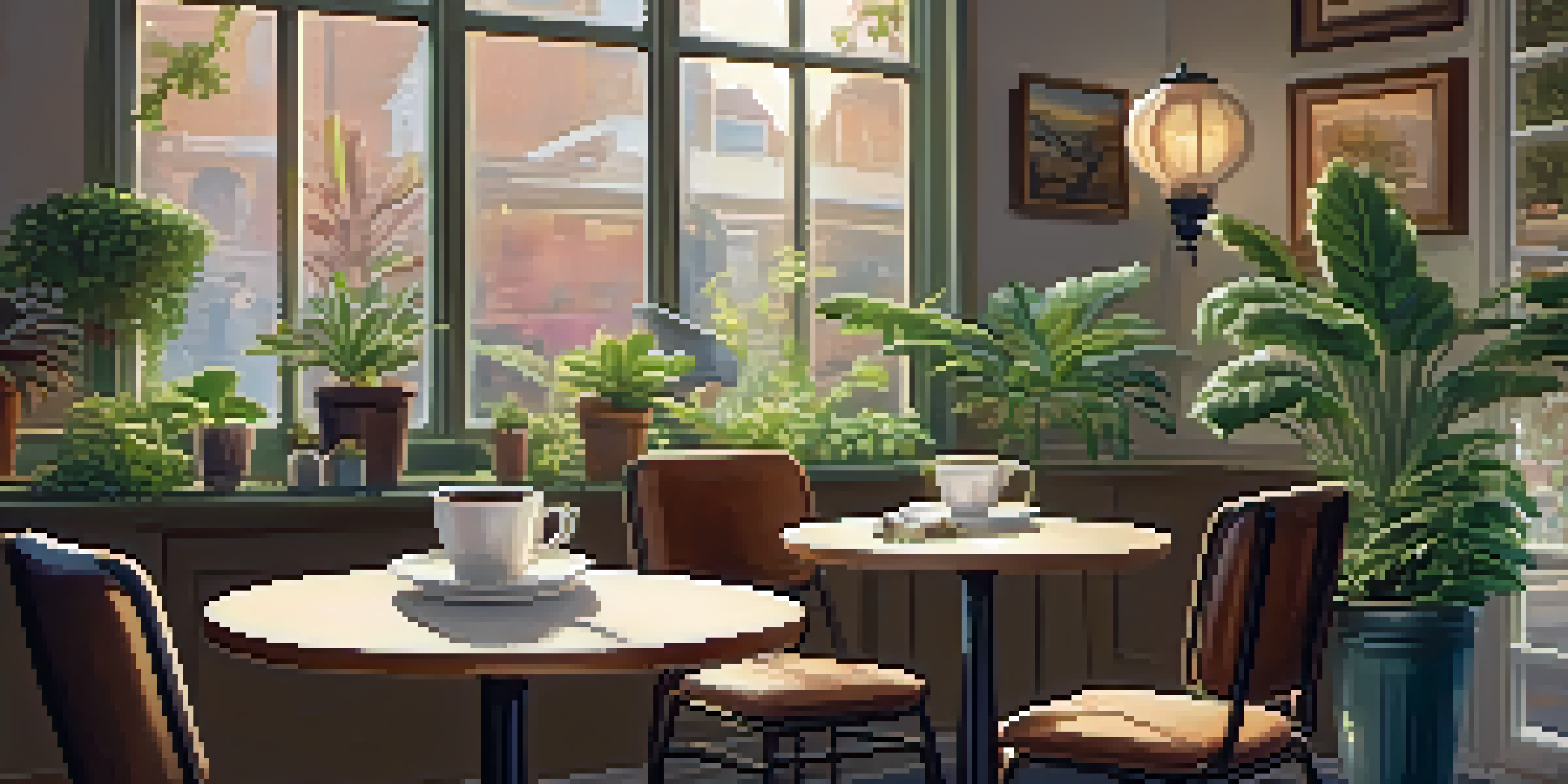 A cozy café corner with a small round table, two comfortable chairs, indoor plants, warm lighting, a steaming cup of coffee, and an open book.