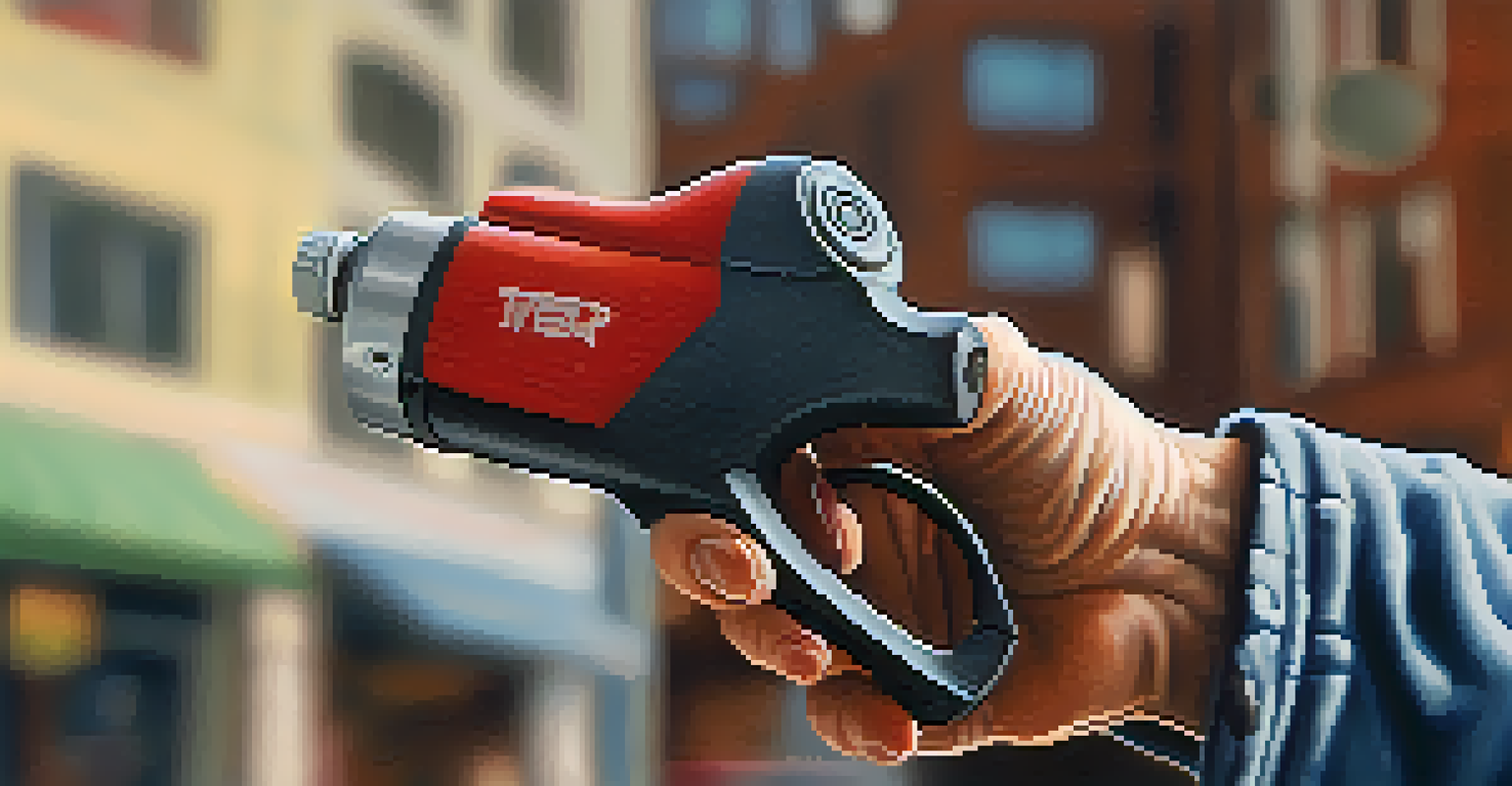 A close-up of a senior holding a personal safety device against a blurred urban background.