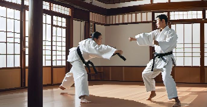 Two individuals practicing self-defense techniques in a dojo, showcasing fluid movements and an energetic atmosphere.