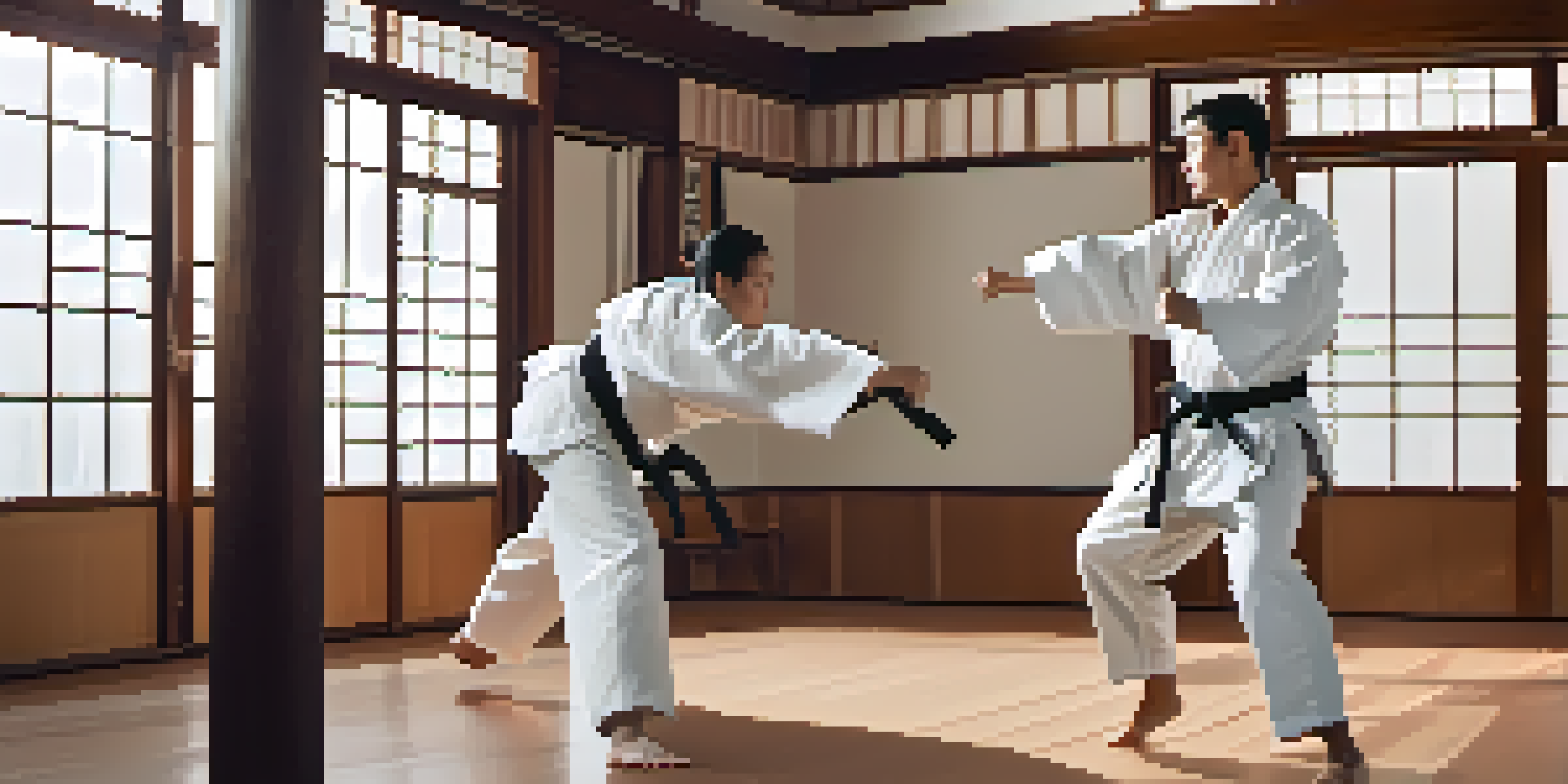Two individuals practicing self-defense techniques in a dojo, showcasing fluid movements and an energetic atmosphere.