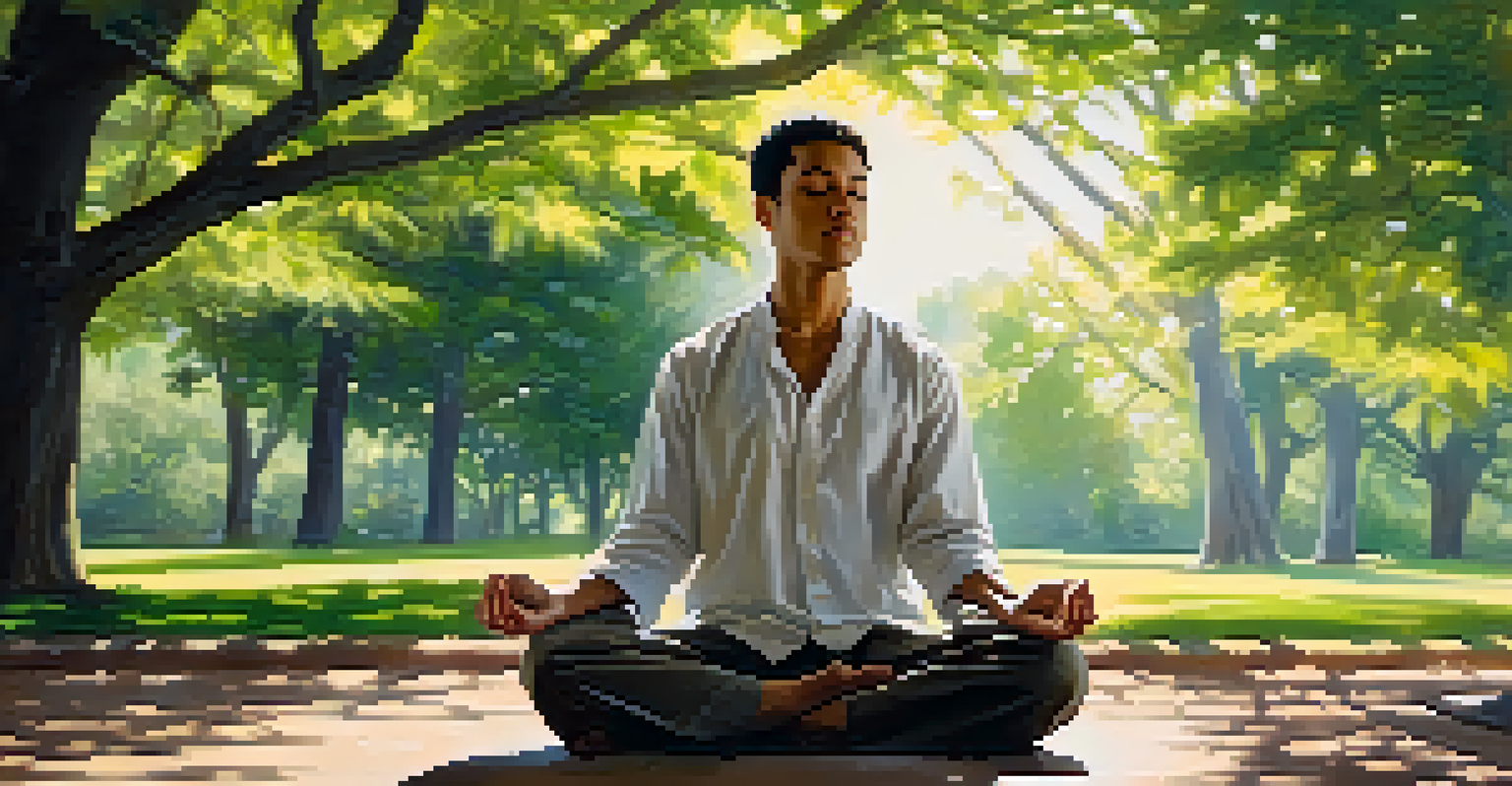 A person meditating in a park, sitting cross-legged on grass with sunlight filtering through trees.