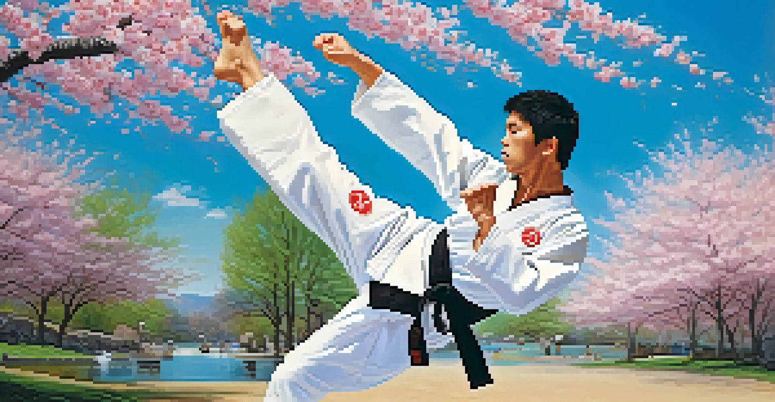 A Karate practitioner performing a front kick outdoors, surrounded by blooming cherry blossom trees and a clear blue sky.