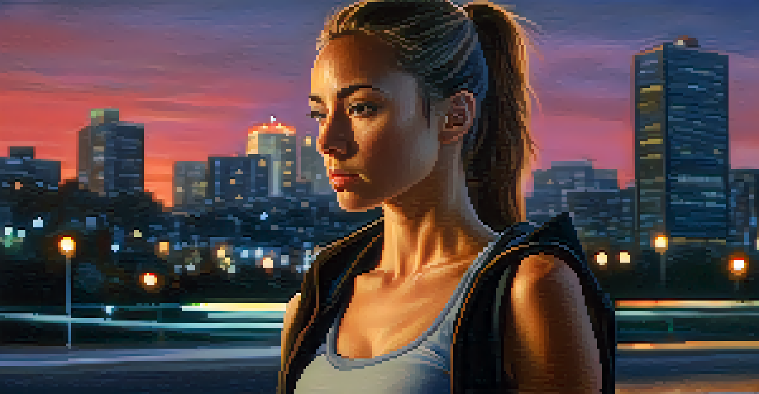 A confident woman standing on a city street at dusk, with city lights in the background, showcasing self-assurance.