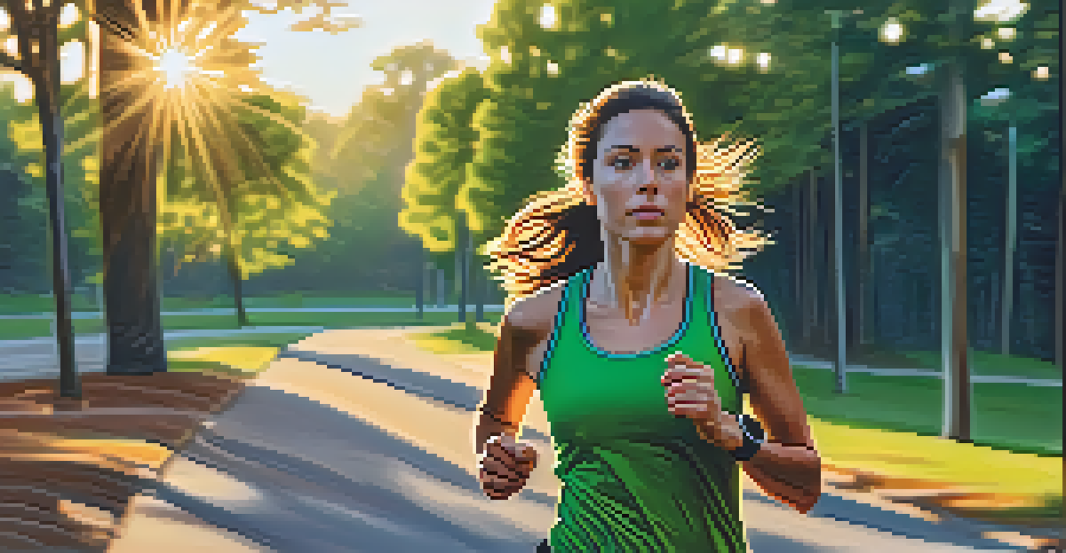 A young woman jogging in a park with a personal alarm on her wrist, surrounded by a beautiful sunrise.