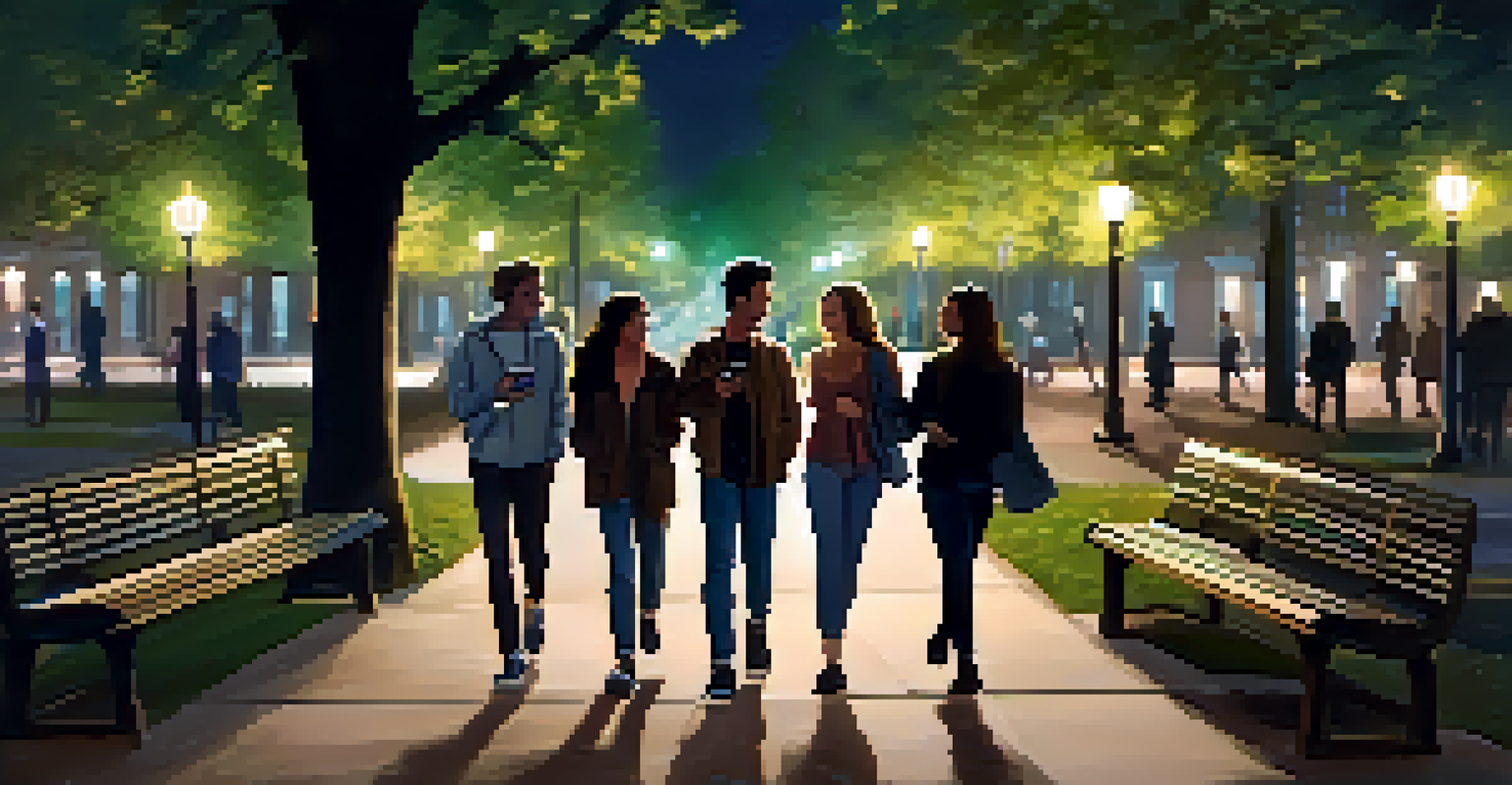 A group of friends walking in a lit park at night, one friend using a smartphone to share their location.