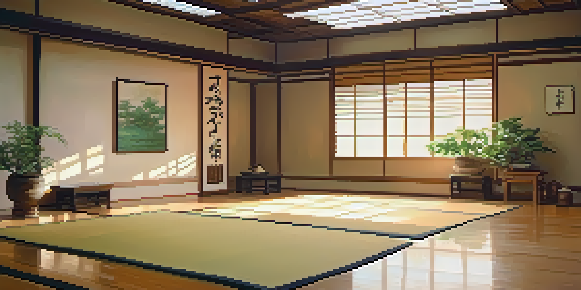 A peaceful dojo with a practitioner meditating, surrounded by wooden floors and tatami mats.