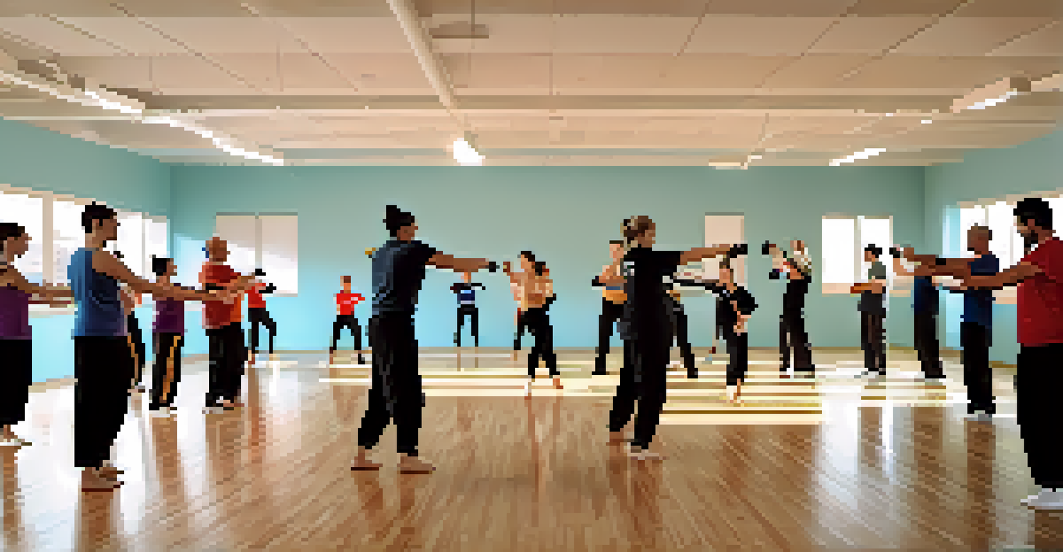 A diverse group of caregivers practicing self-defense techniques in a bright training studio with an instructor.