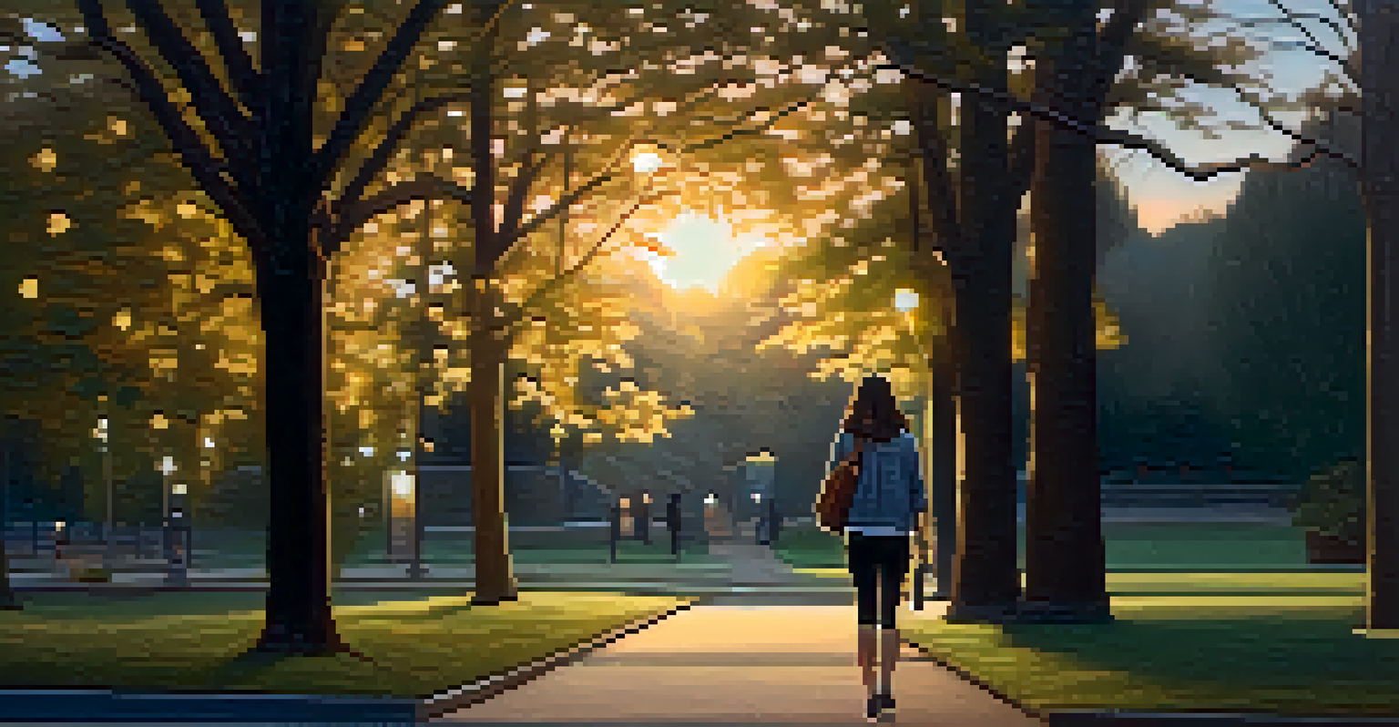 A young woman confidently holding a personal alarm while walking in a park at dusk, with soft ambient lighting.
