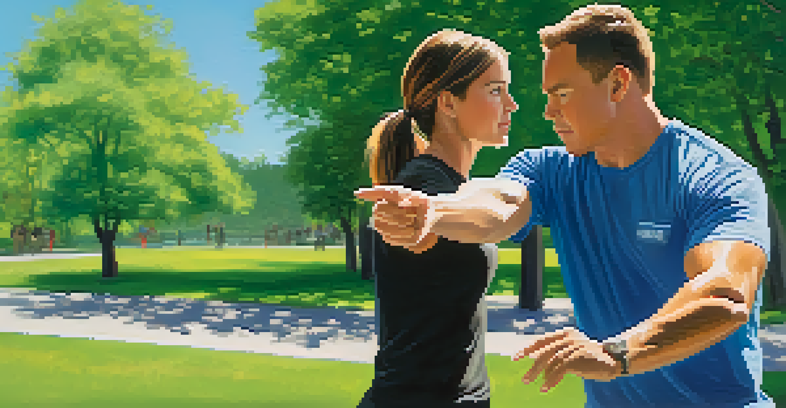 An instructor teaching a self-defense technique outdoors in a park, emphasizing empowerment and learning.