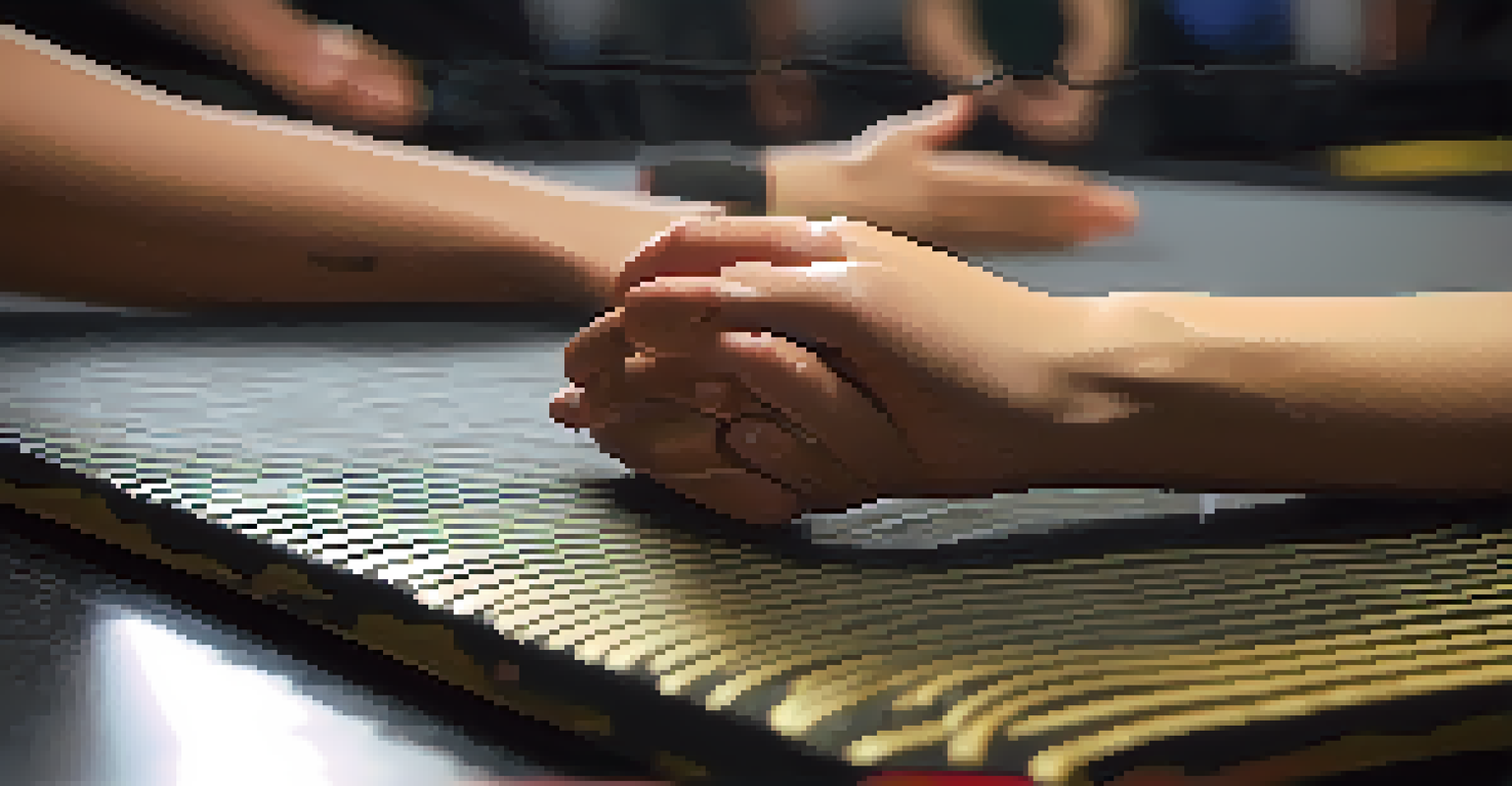 A close-up of hands demonstrating a self-defense technique on a training pad with a blurred background.