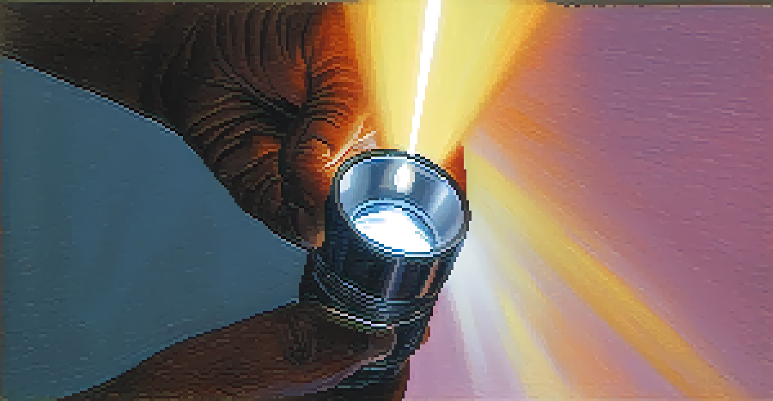 A close-up of a hand holding a flashlight, shining a bright beam of light in a blurred nighttime urban setting.