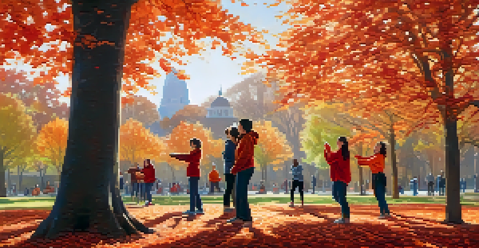 A diverse group of individuals practicing self-defense in a park surrounded by autumn foliage.