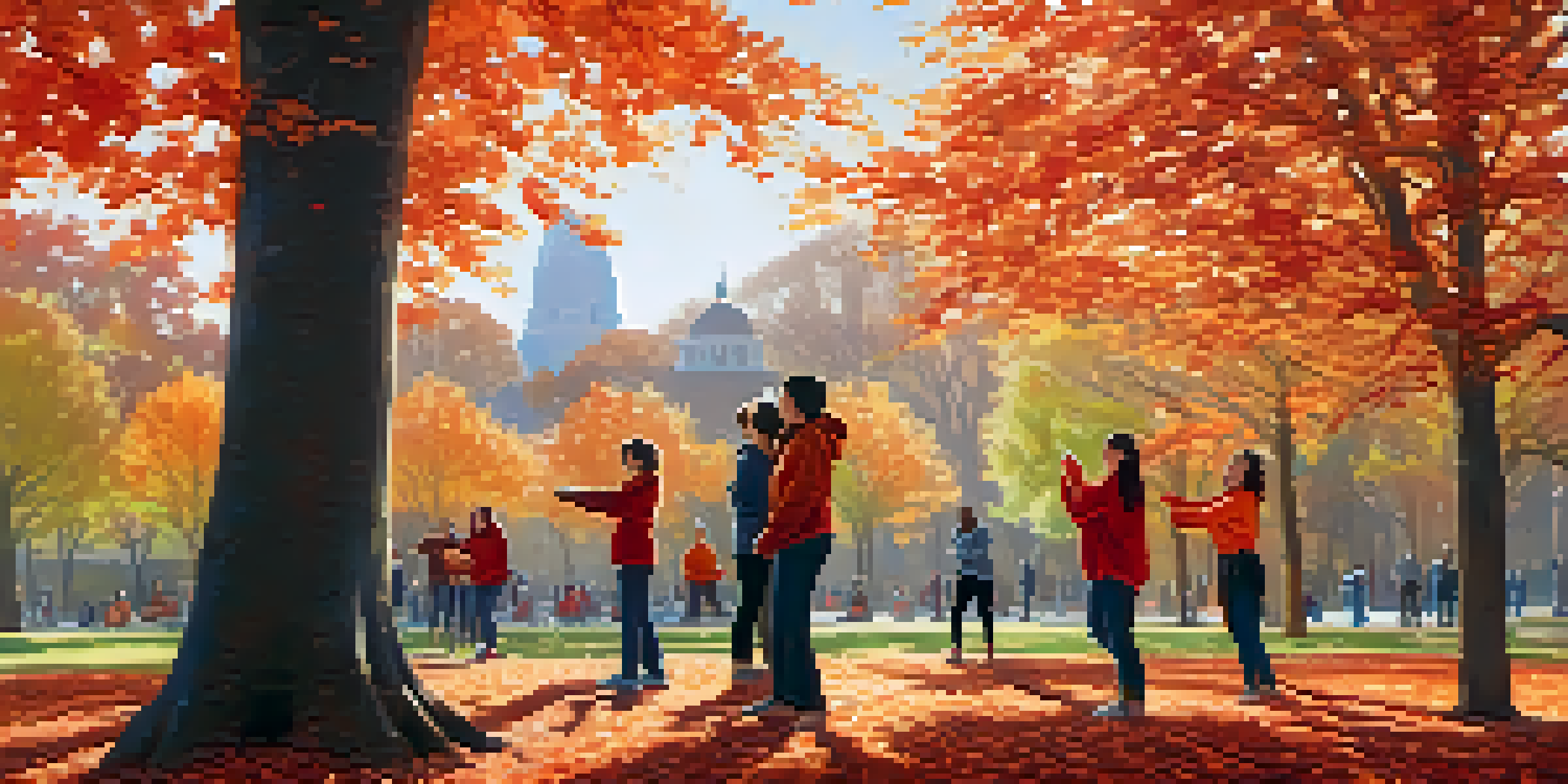 A diverse group of individuals practicing self-defense in a park surrounded by autumn foliage.