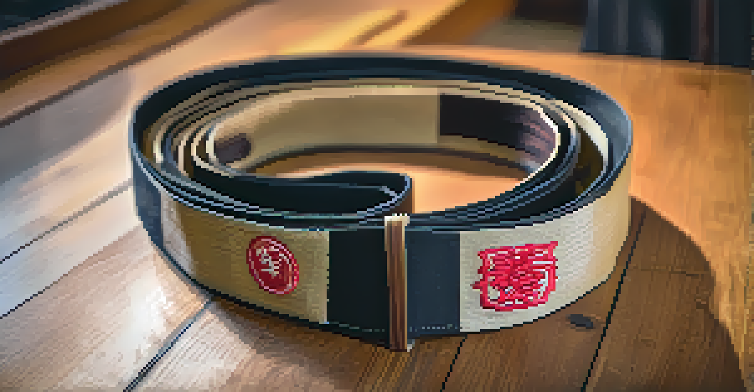 A close-up of a martial arts belt on a wooden surface, symbolizing training in self-defense, with a blurred dojo background.