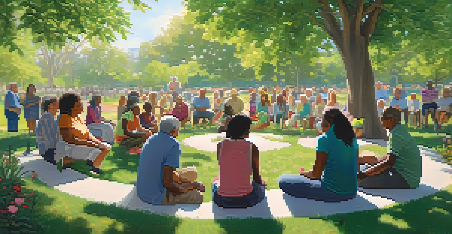 Community members of different ages gathered in a park for an open discussion on safety, surrounded by greenery and flowers.