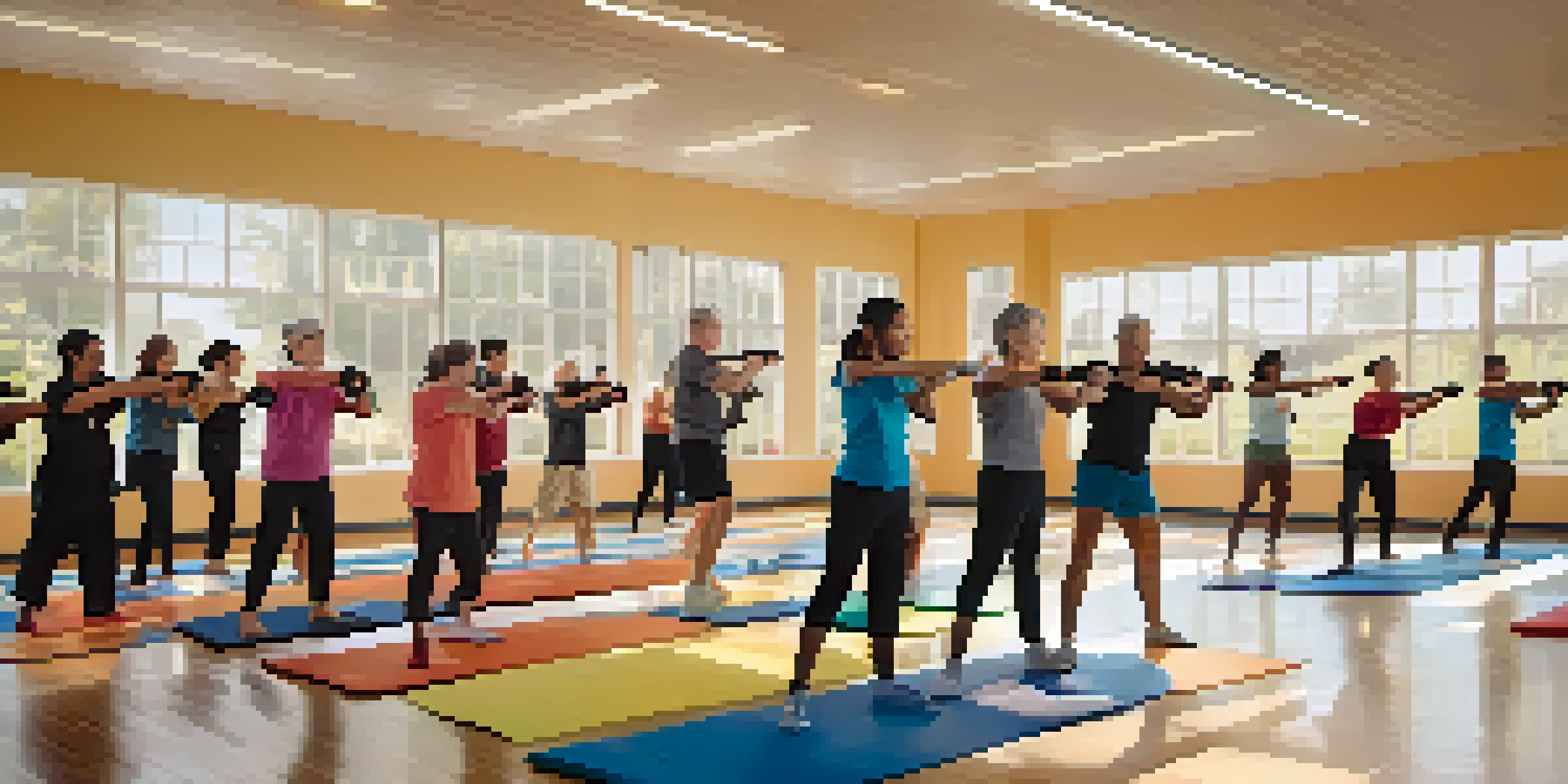 A diverse group of individuals in a self-defense class practicing techniques in a spacious gym with natural light.