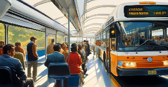 An interior view of a crowded urban bus, filled with diverse passengers and a bus driver focused on the road.