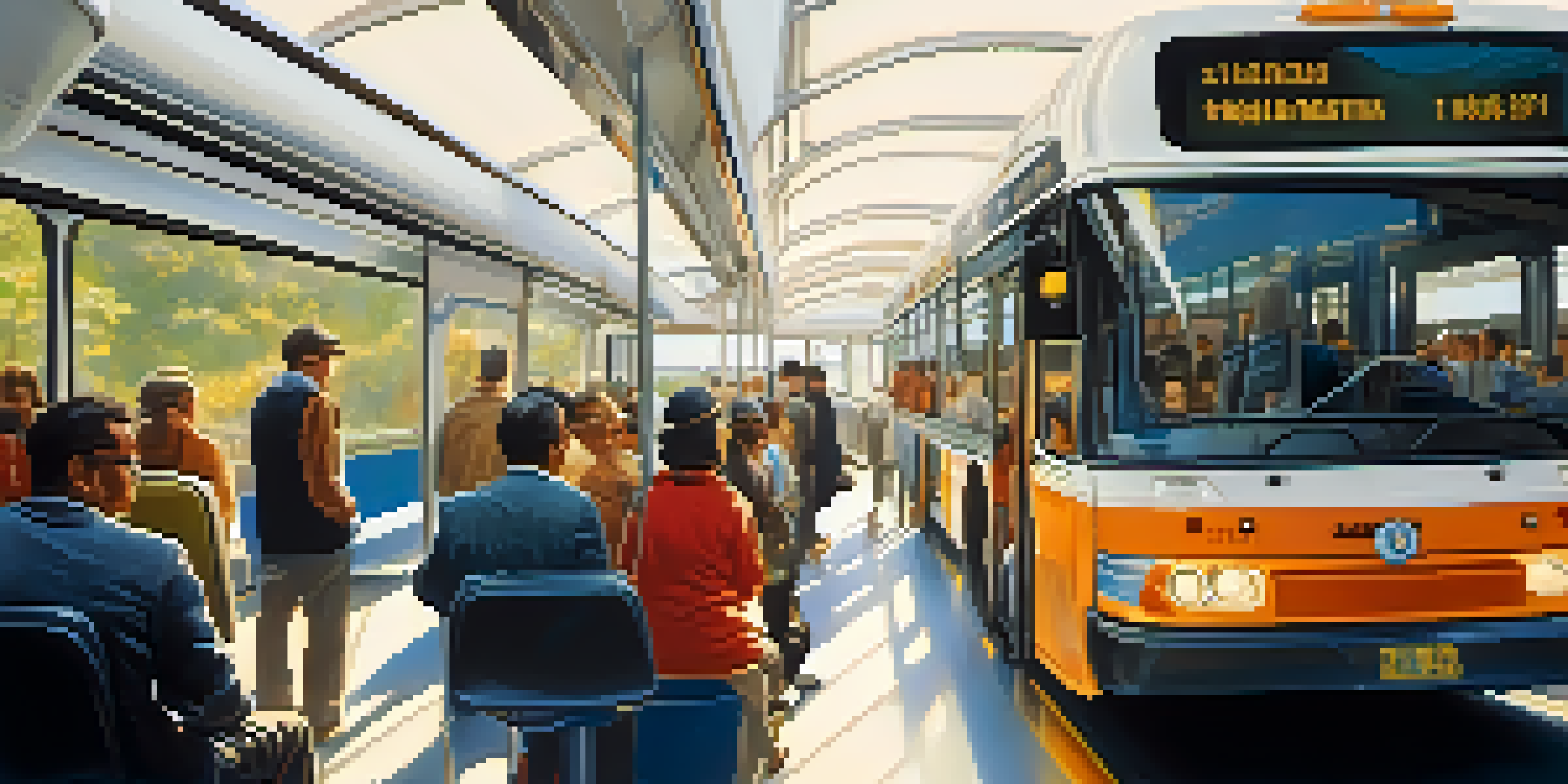 An interior view of a crowded urban bus, filled with diverse passengers and a bus driver focused on the road.