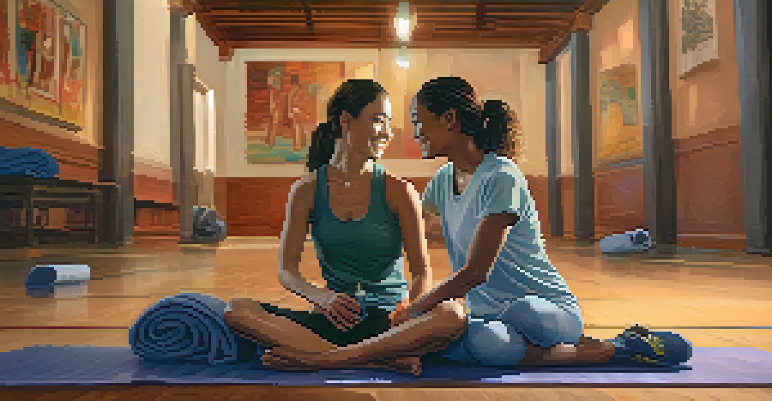 Two women sitting together on mats, smiling and sharing experiences after a self-defense class, in a warm and inviting environment.