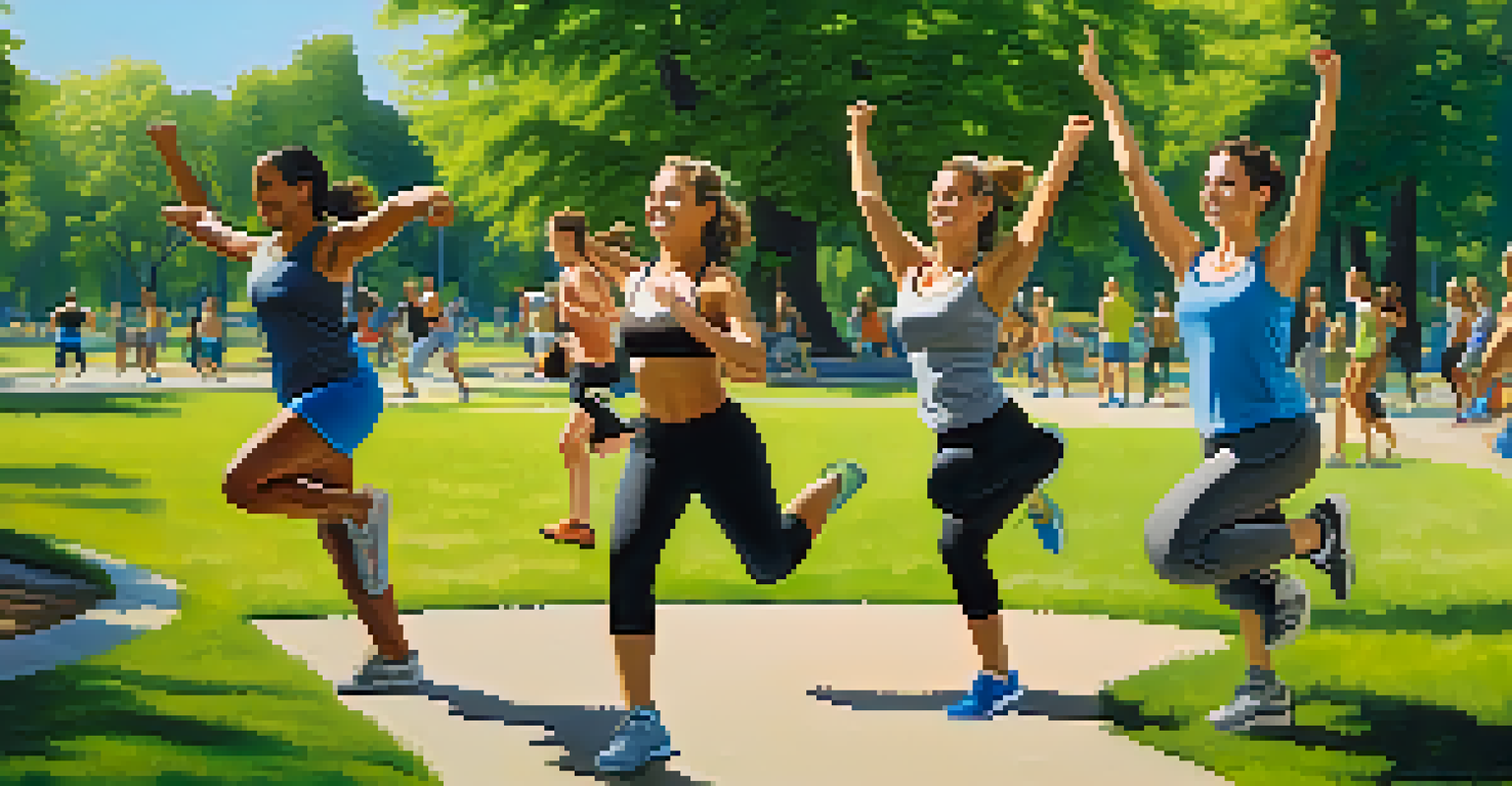 A group of friends exercising together in a park, doing boot camp workouts with trees and a blue sky in the background.