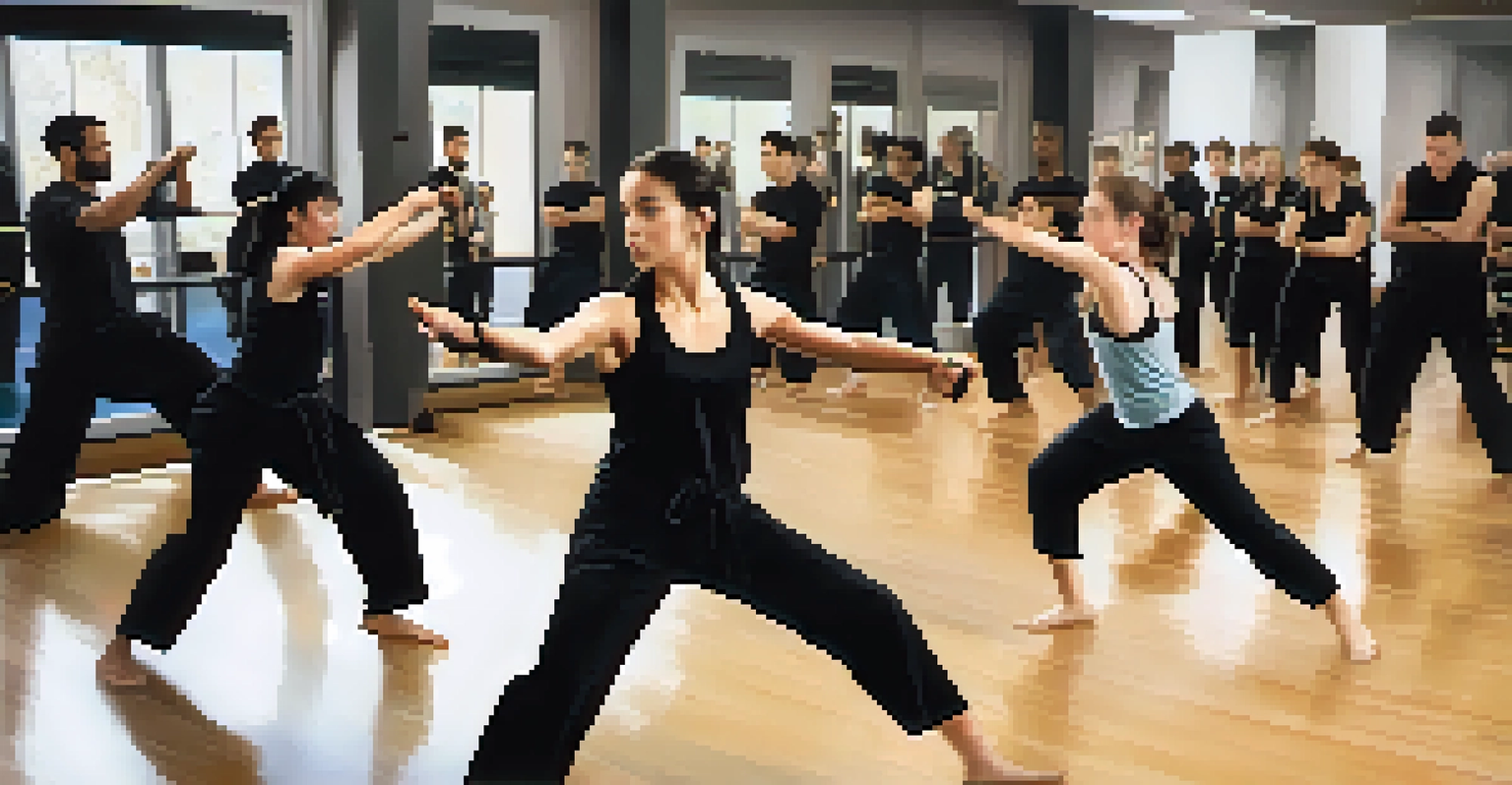 Instructor demonstrating a self-defense move in an indoor Krav Maga class, with engaged students practicing on mats.