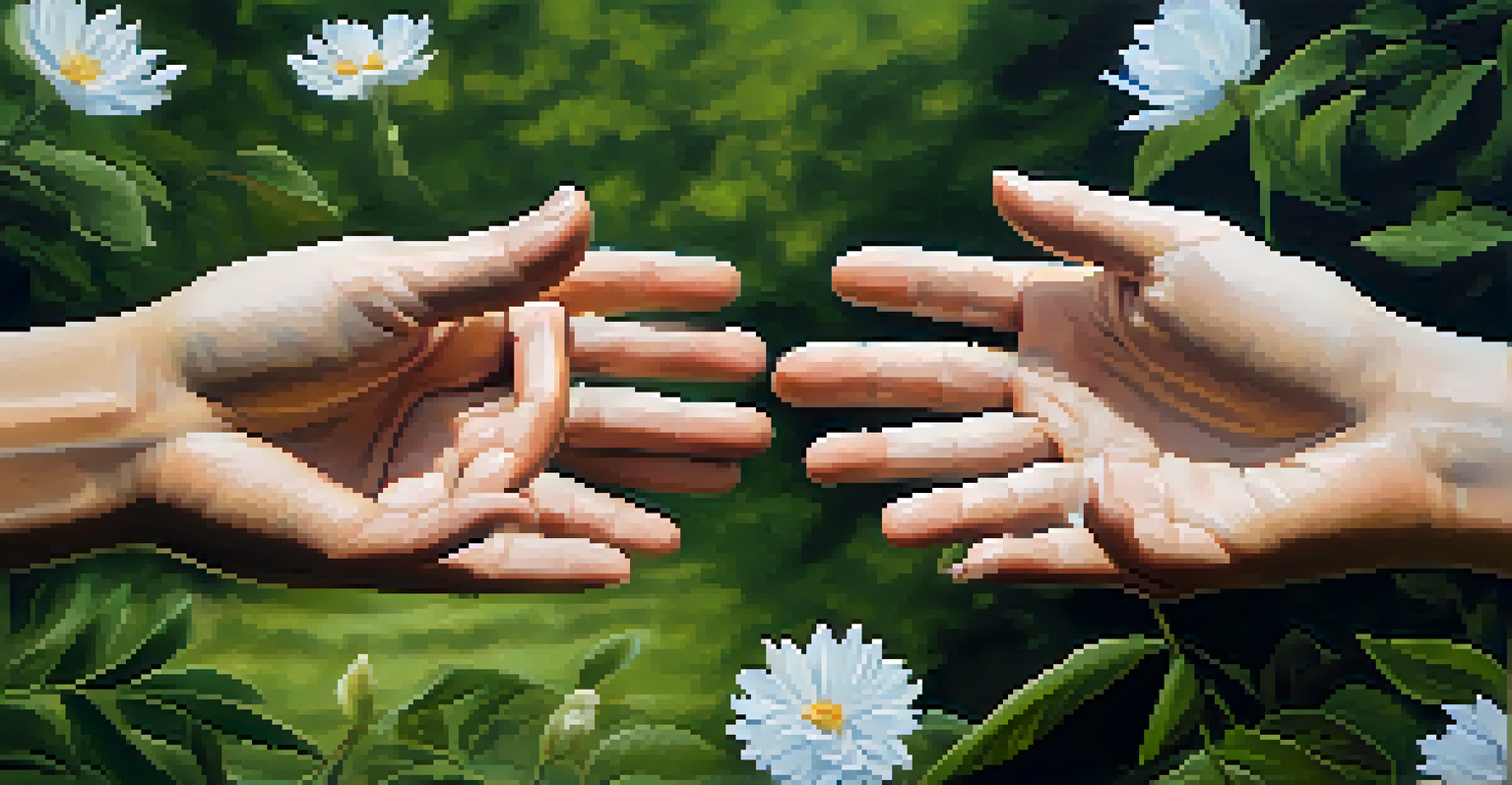 A close-up of hands in a meditative gesture, symbolizing breathing techniques for self-defense against a calm nature background.