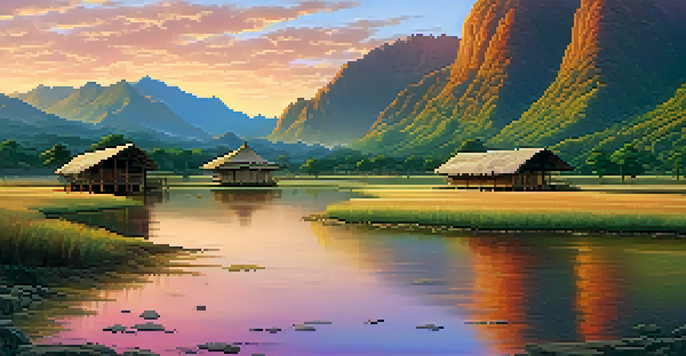 A picturesque Indigenous village surrounded by nature, with traditional huts, mountains, and a sunset sky.