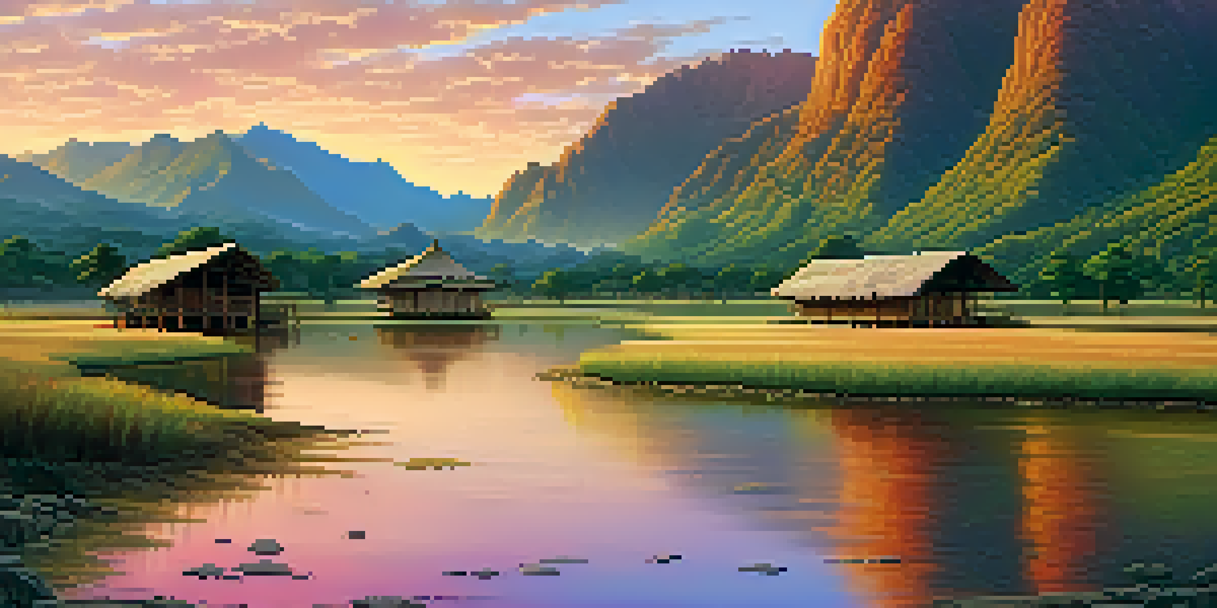 A picturesque Indigenous village surrounded by nature, with traditional huts, mountains, and a sunset sky.