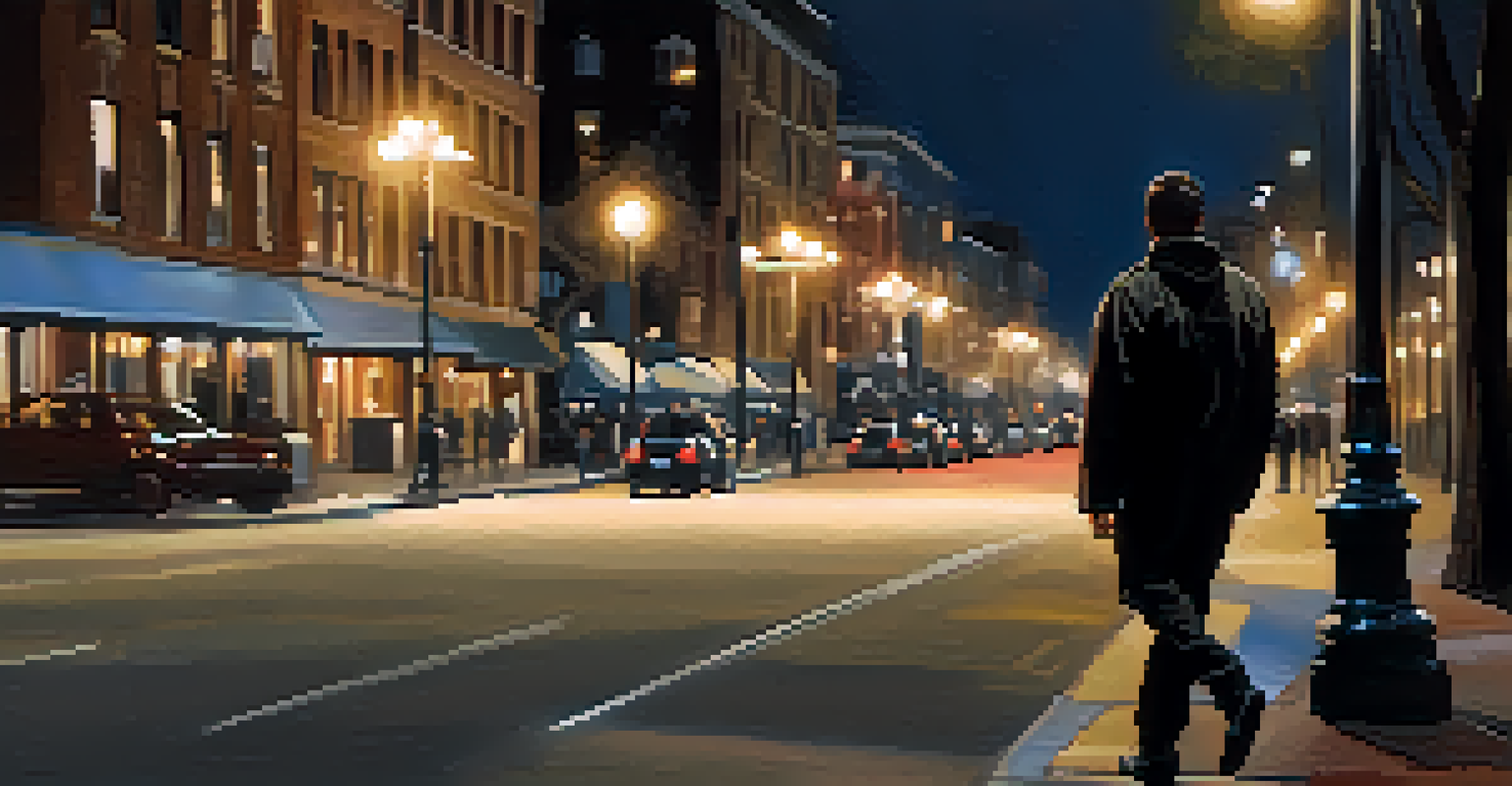 A person walking alone on a well-lit city street at night, showing an expression of awareness and preparedness amidst blurred silhouettes of other pedestrians.