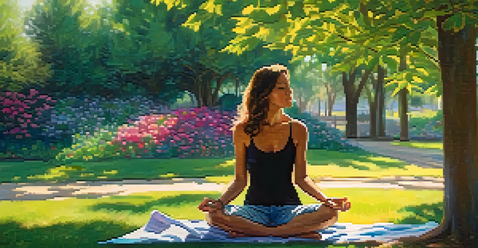A person sitting cross-legged in a park, practicing breath awareness amidst flowers and greenery, with sunlight filtering through the trees.