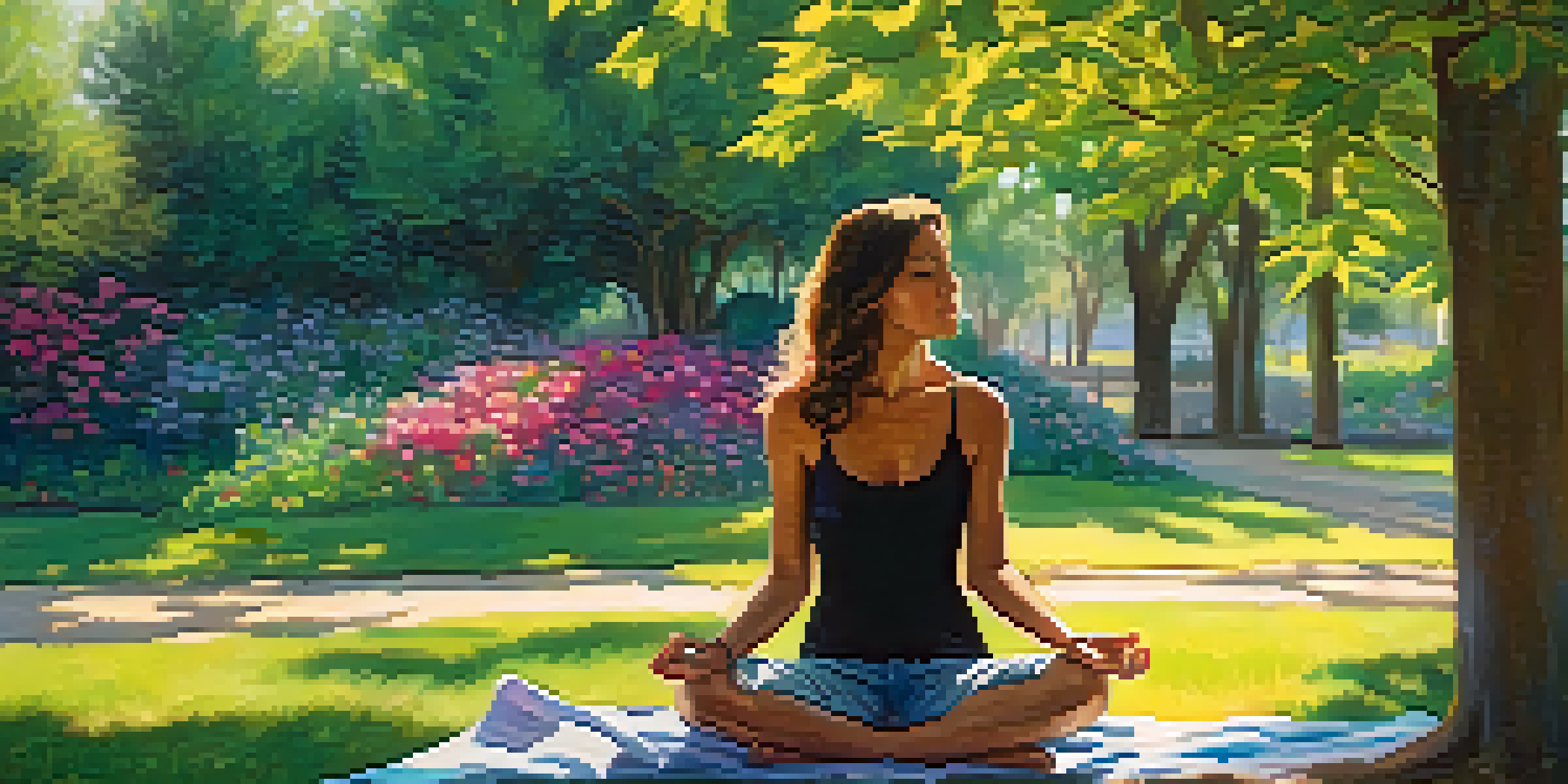 A person sitting cross-legged in a park, practicing breath awareness amidst flowers and greenery, with sunlight filtering through the trees.
