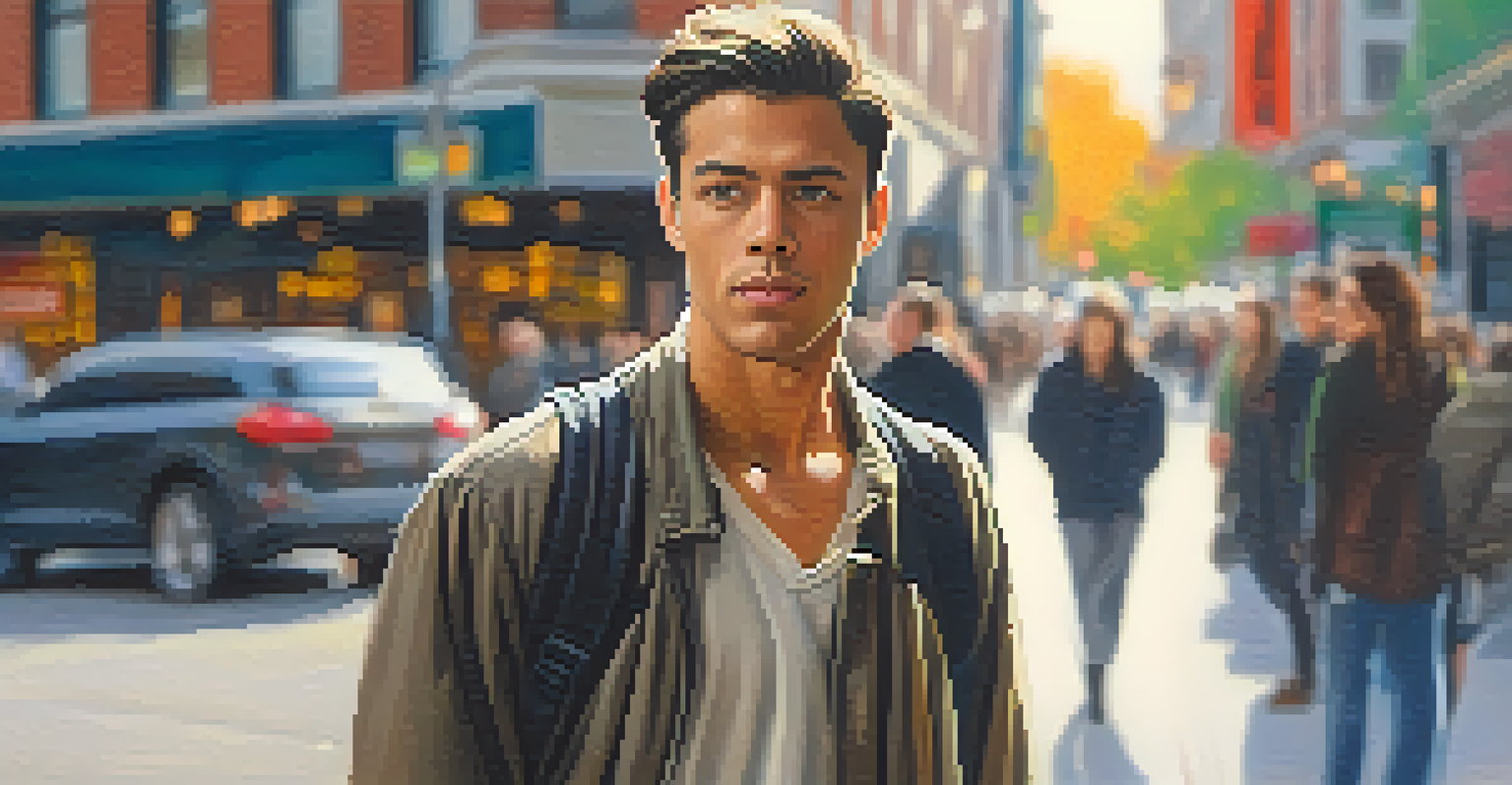 A confident person standing in a bustling city, surrounded by blurred figures, showcasing a sense of personal strength.