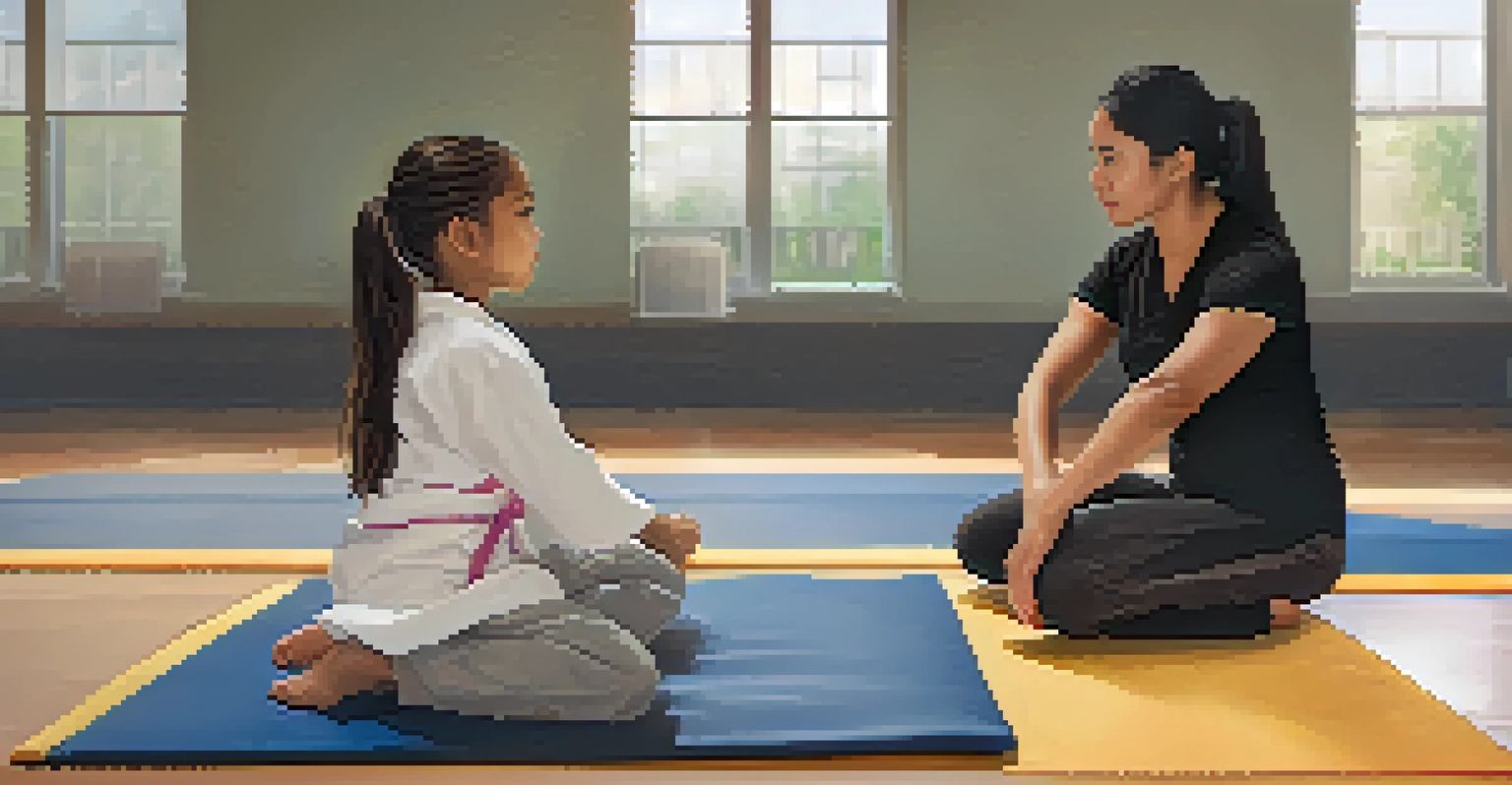 An instructor teaching a young girl emotional regulation techniques in a supportive self-defense training environment, demonstrating deep breathing exercises.