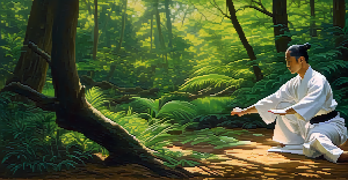 A Kung Fu practitioner in a white uniform performing a crane stance in a forest with sunlight filtering through the trees.
