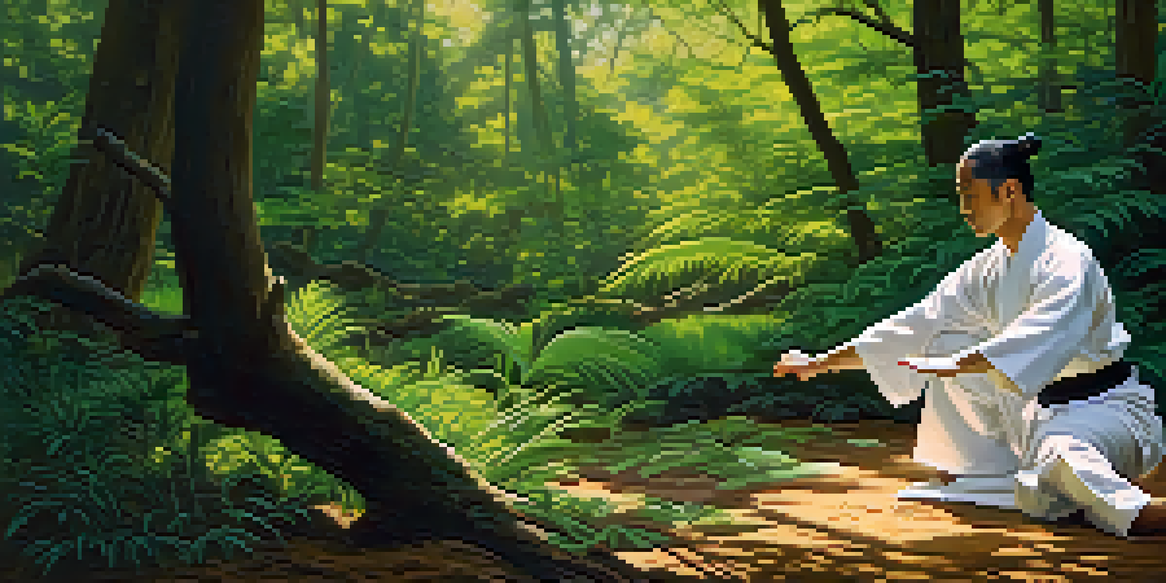 A Kung Fu practitioner in a white uniform performing a crane stance in a forest with sunlight filtering through the trees.