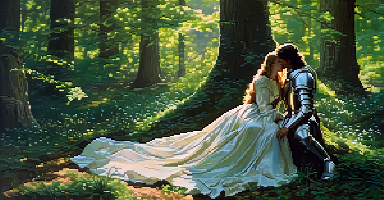 A knight and a lady in a forest clearing, sharing a moment under the sunlight.