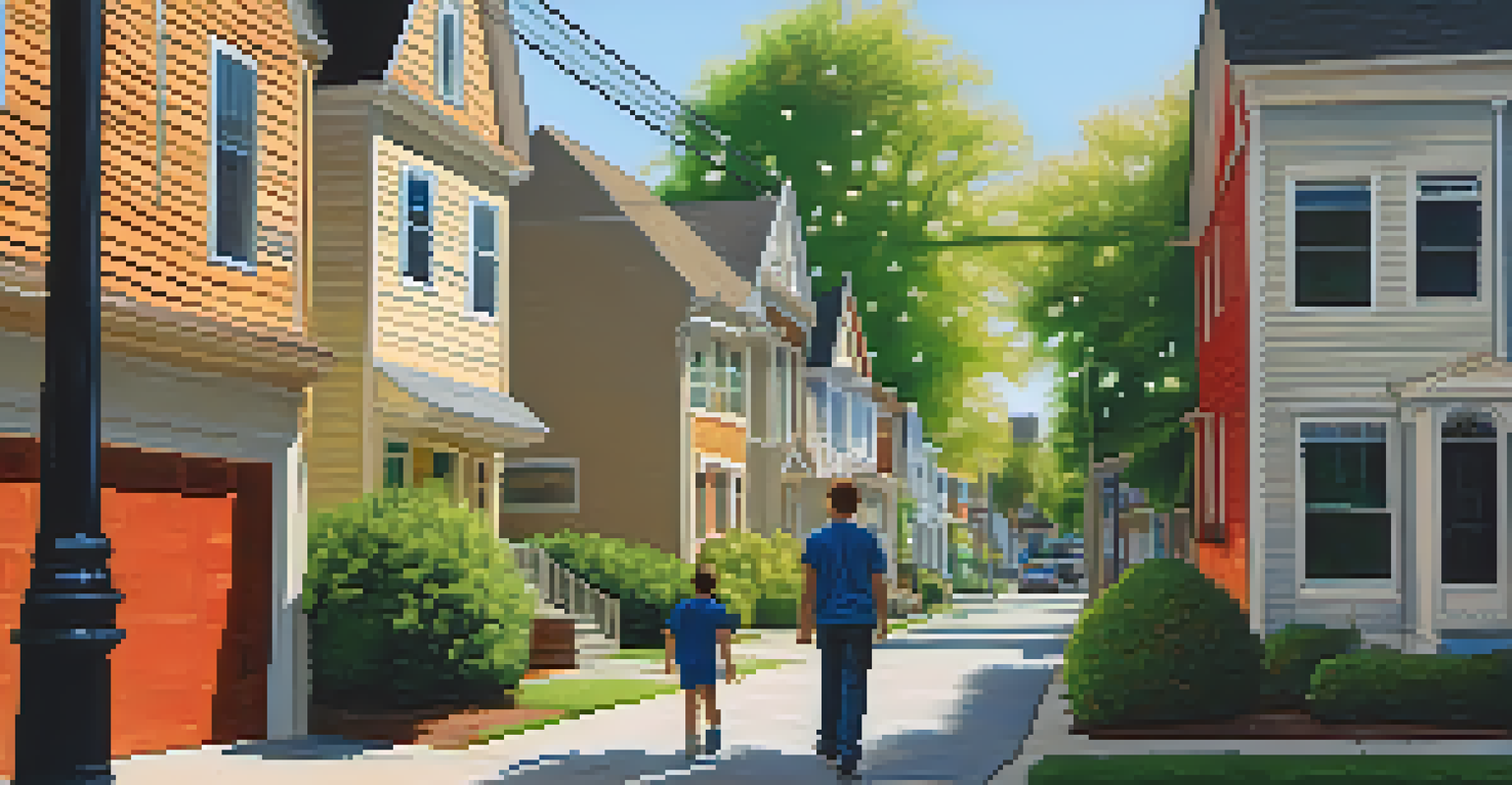 An individual with autism practicing situational awareness while confidently walking in a vibrant neighborhood.