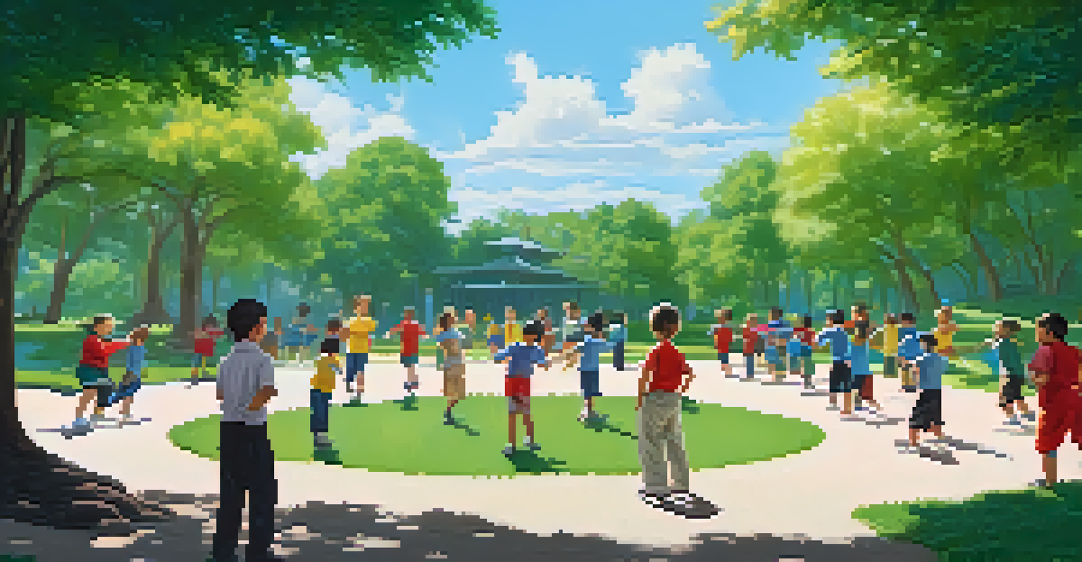 Kids practicing self-defense techniques in a sunny park, paired up and learning from an instructor, surrounded by greenery.