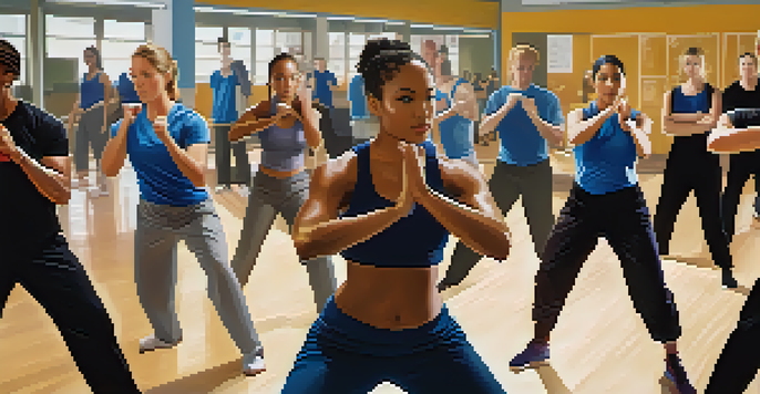 A group of diverse individuals in a gym practicing self-defense techniques, emphasizing confidence and community spirit.