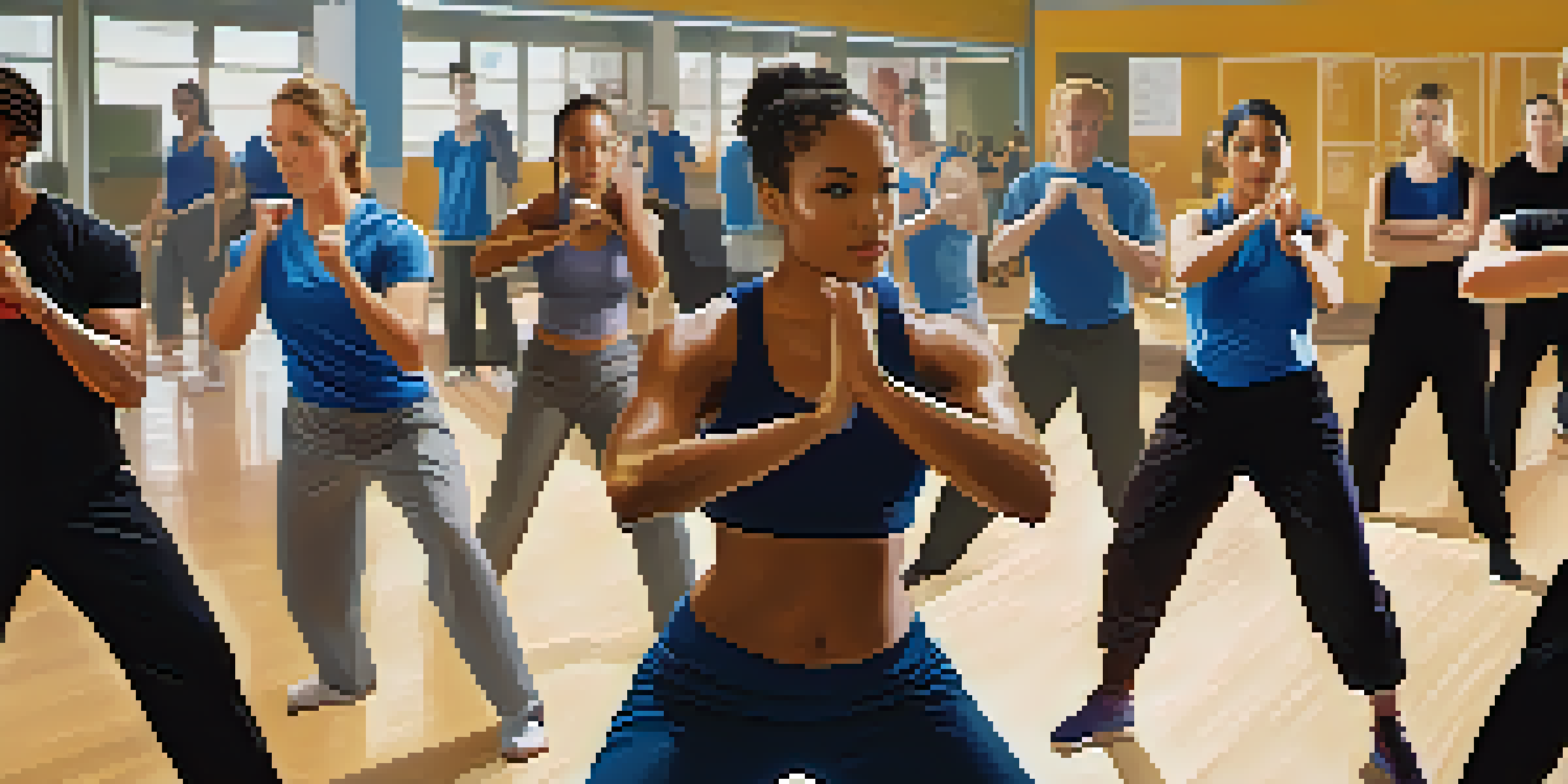 A group of diverse individuals in a gym practicing self-defense techniques, emphasizing confidence and community spirit.