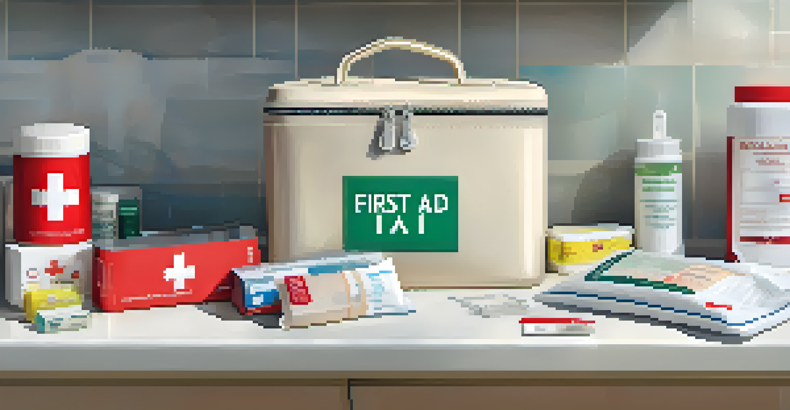 A close-up of an organized first aid kit on a kitchen counter, showing various medical supplies and a CPR manual.