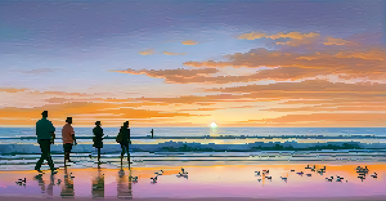 A beautiful beach at sunset with people walking along the shore and vibrant colors in the sky.