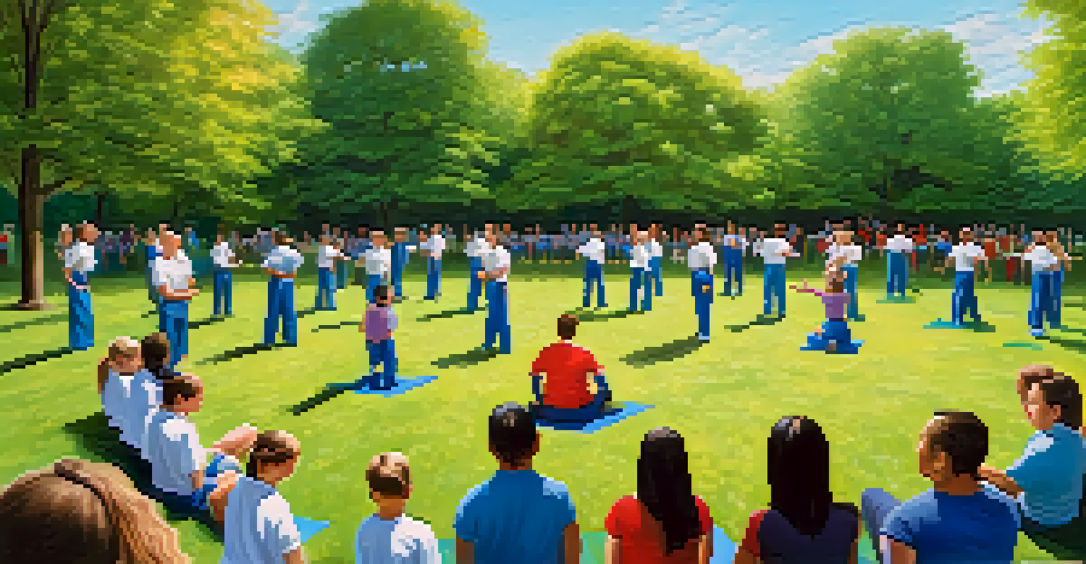 An outdoor self-defense workshop in a park with participants practicing skills under a clear blue sky.