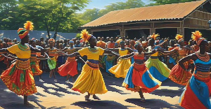 A lively outdoor scene of traditional African dancers in colorful costumes performing, with a crowd enjoying the performance and traditional artifacts in the background.
