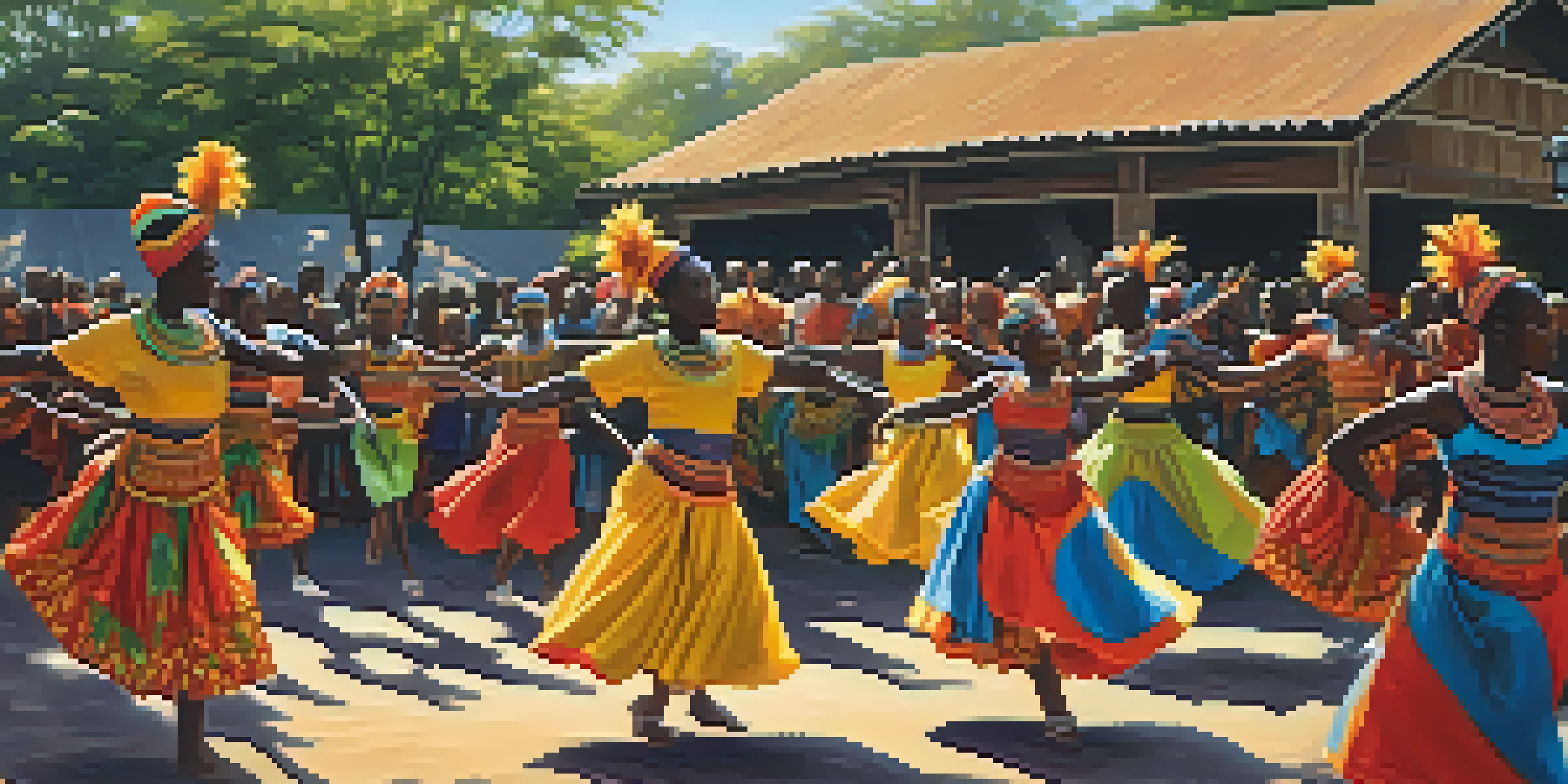 A lively outdoor scene of traditional African dancers in colorful costumes performing, with a crowd enjoying the performance and traditional artifacts in the background.