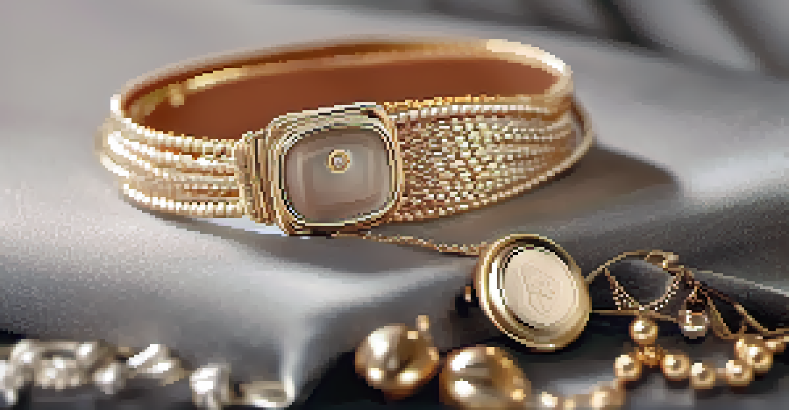 Close-up of stylish smart jewelry including a bracelet and ring with panic buttons, displayed elegantly on a velvet surface.