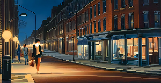 A worried individual walking alone at night, looking at their smartphone for safety, illuminated by streetlights.